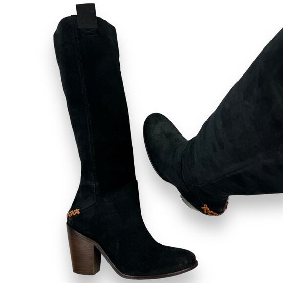 FREE PEOPLE knee high black suede riding boots with braided leather trim - Picture 16 of 16